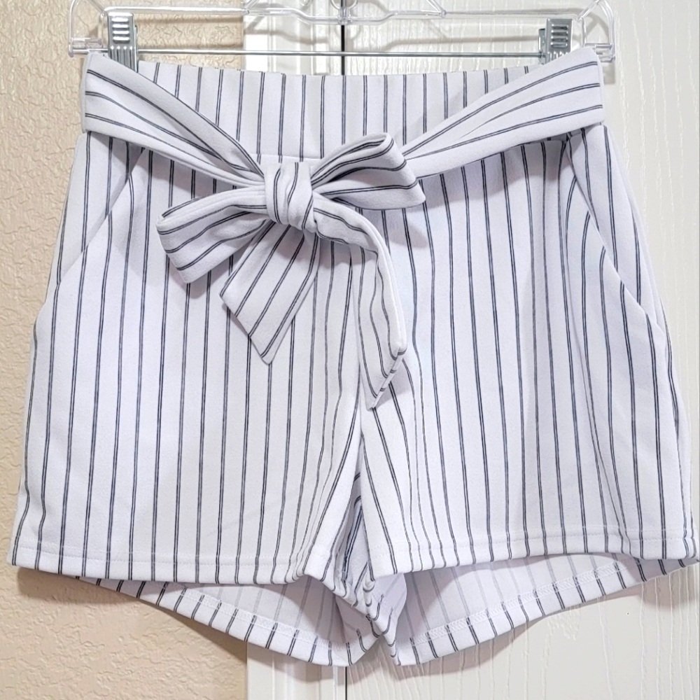 REVAMPED BLACK & WHITE STRIPED SHORTS WITH ATTACHED TIE BELT